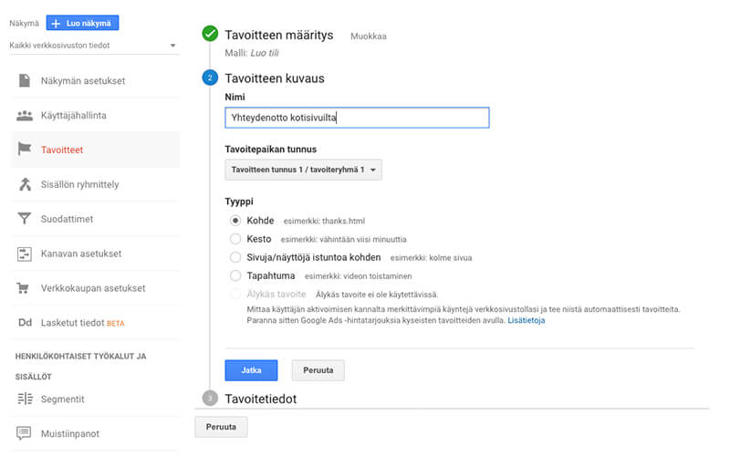 Google Analytics -tavoitteen kuvaus