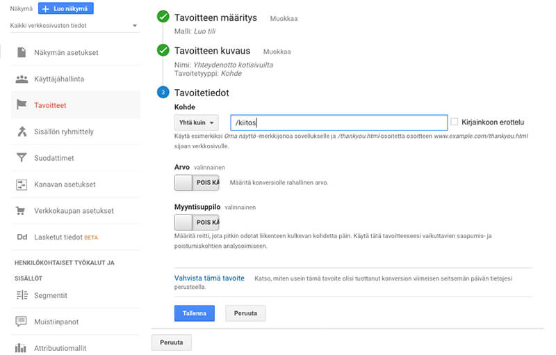 Määritä tavoitetiedot