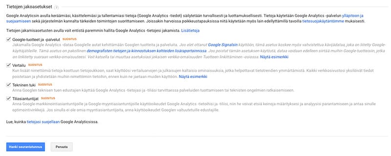 Google Analytics -tilin tietojen jakoasetusten määritys