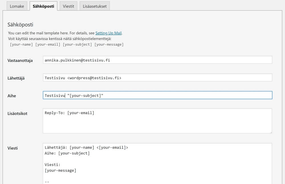 contact form 7 sähköposti -välilehti