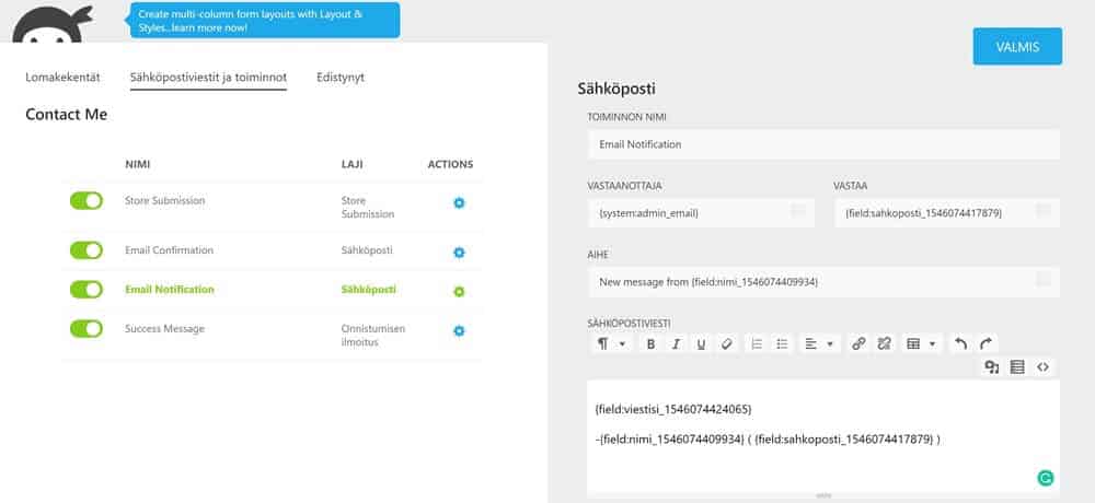 ninja forms sähköposti välilehti