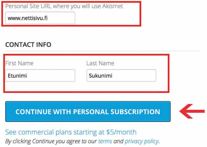 akismet sivuston url