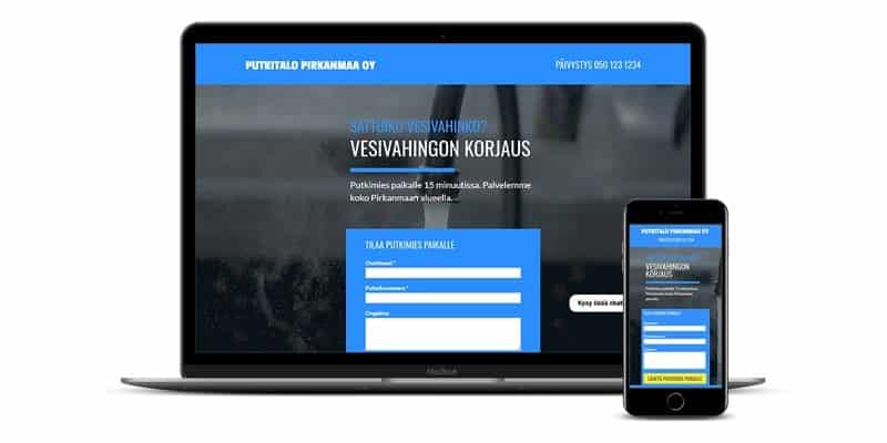 Landing page eli laskeutumissivu läppärin ja puhelimen näytöllä.