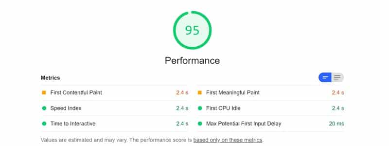 Google Lighthouse -oman koneen version tulokset