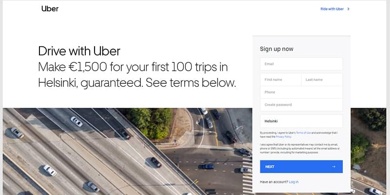 Uber laskeutumissivu