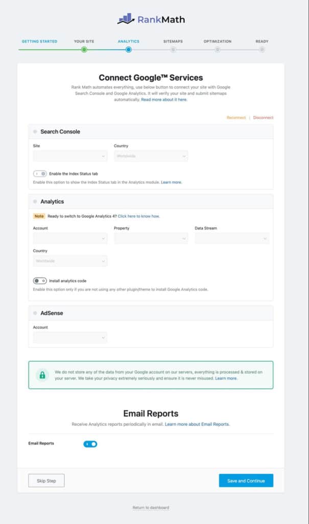 Yhdistä Rank Math Googlen palveluiden kanssa.