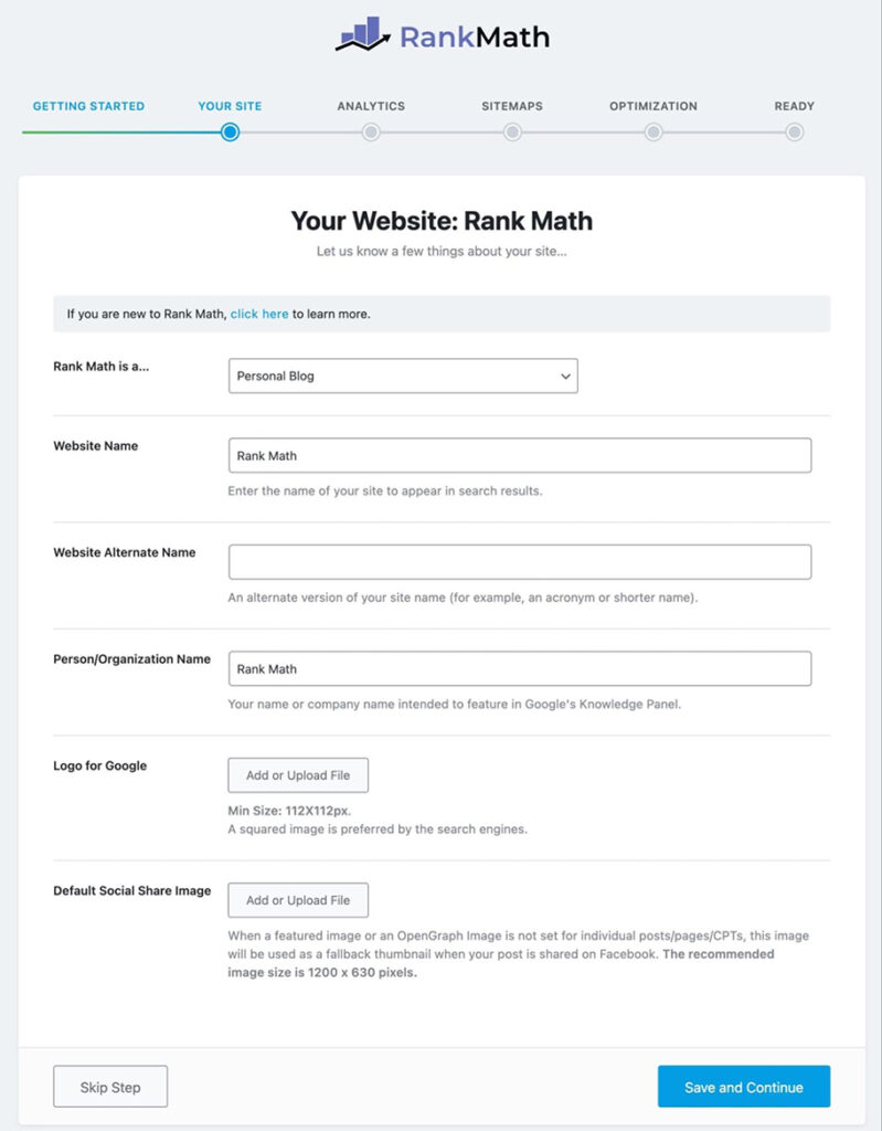 Täytä tarvittavat tiedot sivustostasi. 