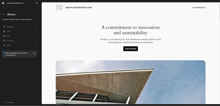 WordPress-teeman editorinäkymä.