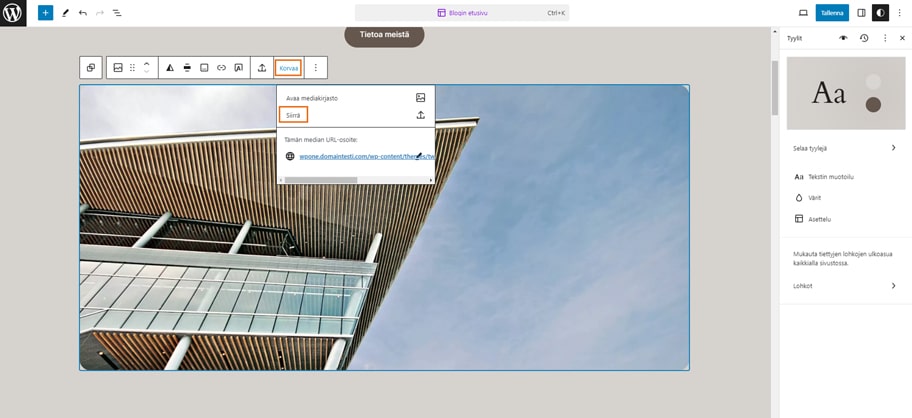 Kuvien lisääminen yrityksen WordPress-kotisivuille onnistuu klikkaamalla kuvaa.