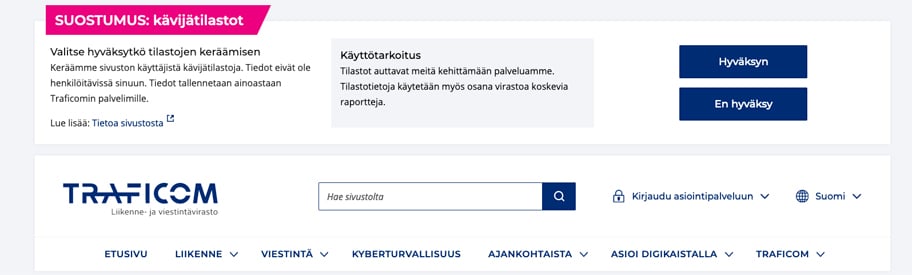 Traficomin evästekysely tulee sivuston yläreunaan.