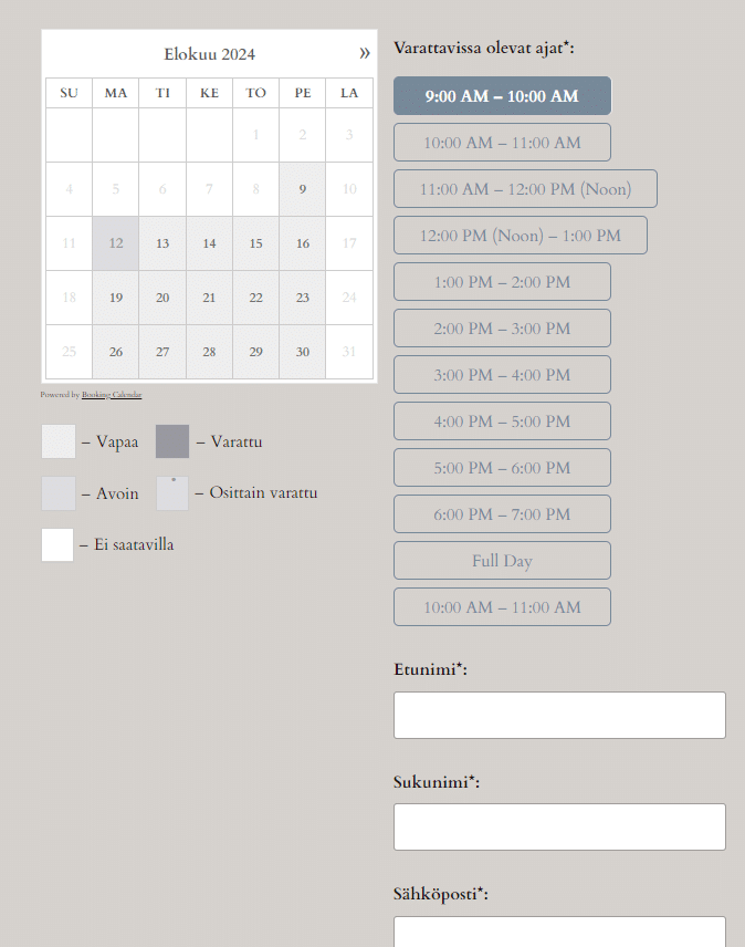 WP Booking Calendar ajanvarauskalenteri esimerkkikuva