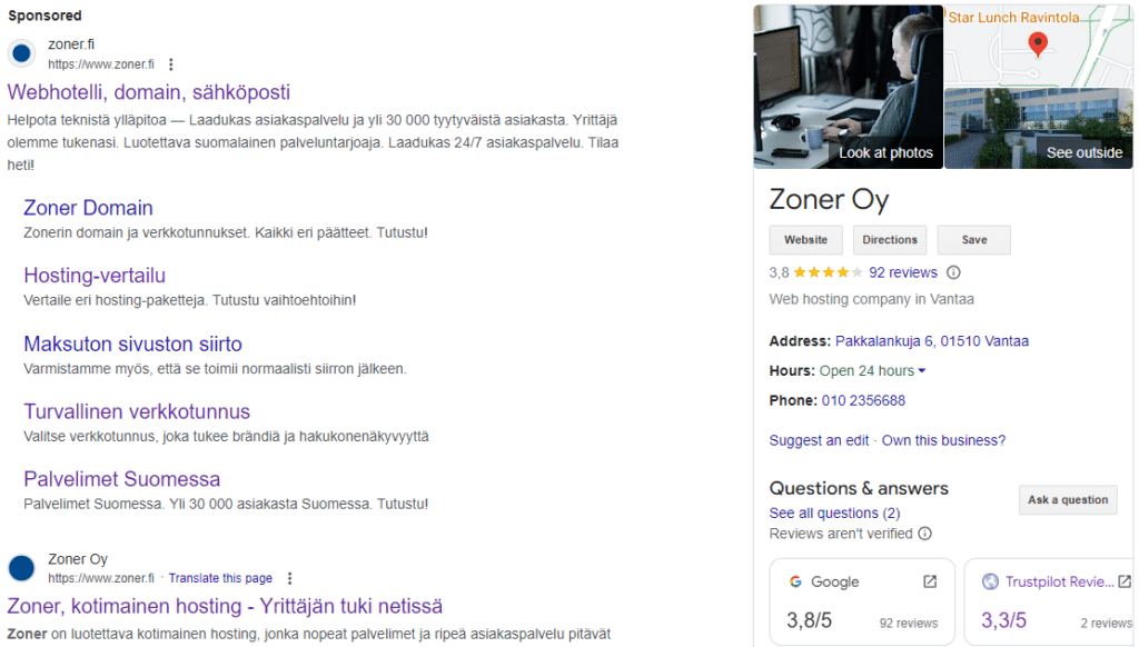 Kuvakaappaus Zonerin Googlella löytyvistä tiedoista.
