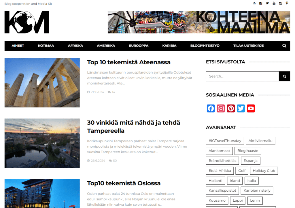 Kuvakaappaus Kohteena maailma -blogin etusivusta, jossa näkyvät uusimmat blogiartikkelit.