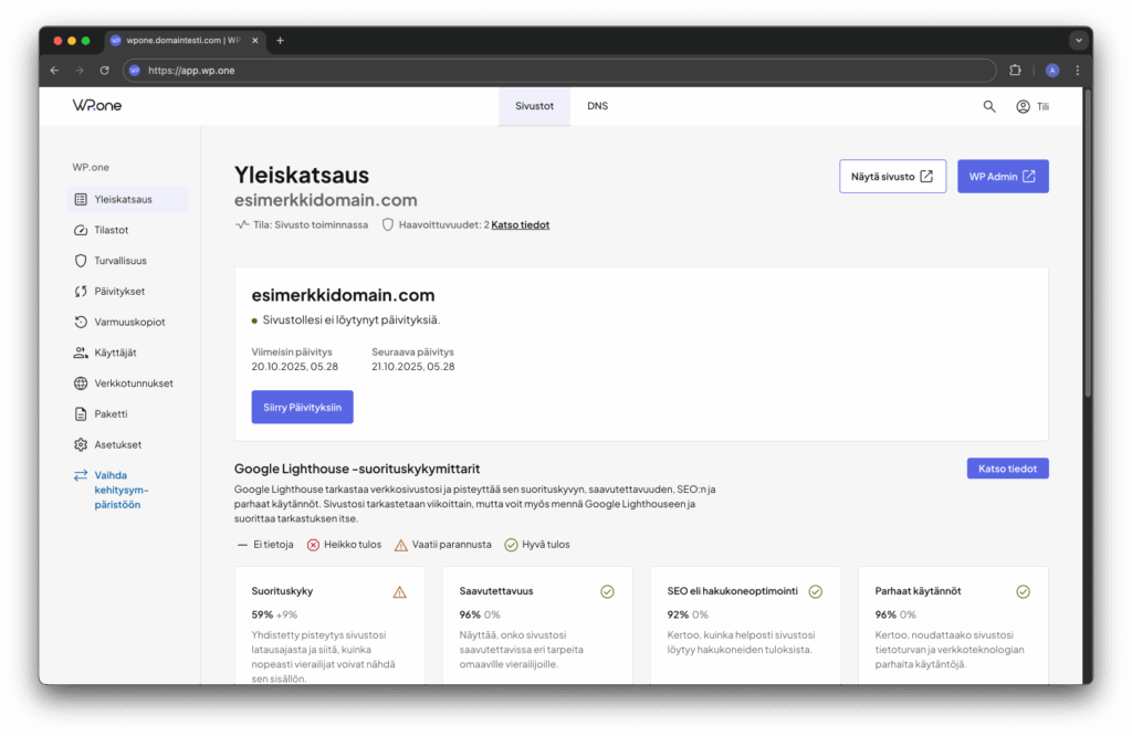 WP.one hallintapaneelinäkymä