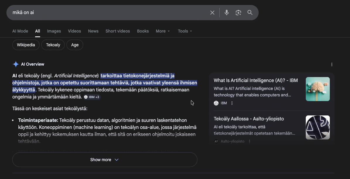 mika on ai screenshot Google AI Overview esimerkkikuva