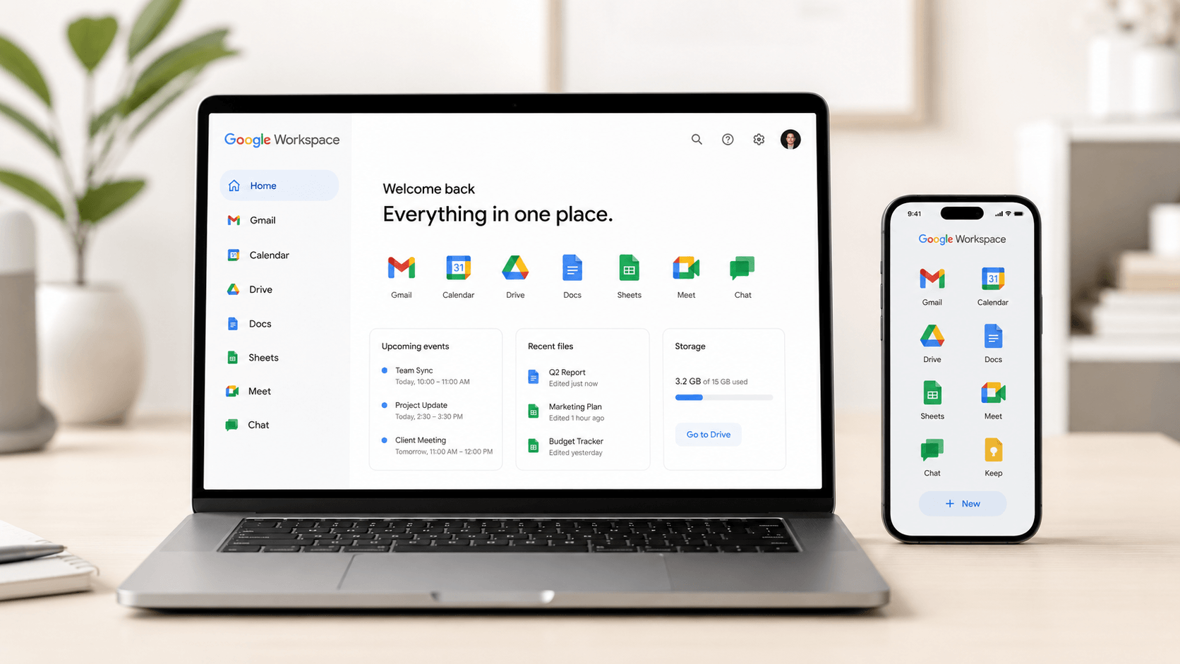 Google Workspace näkymä yrityksen tietokoneella ja puhelimella