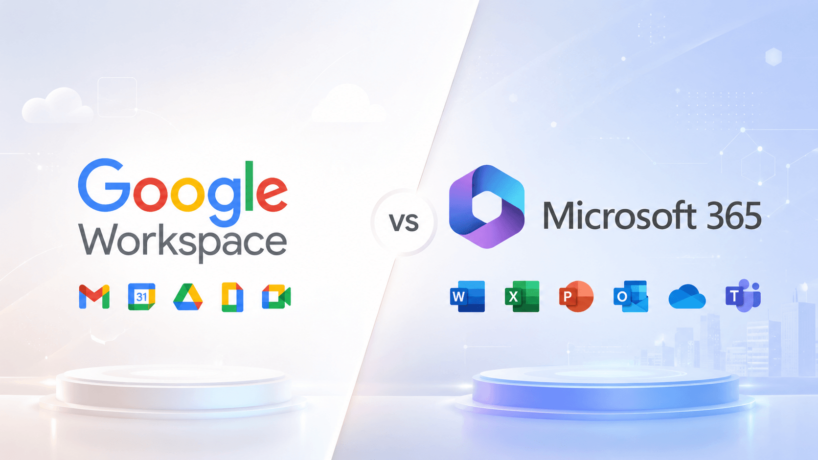 Google Workspacen ja M365:n kuvakkeet esillä palveuiden vertailussa